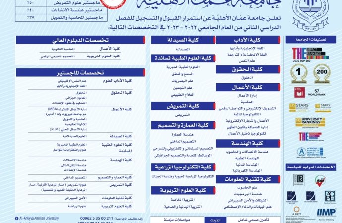 عمان الأهلية تعلن عن استمرار القبول والتسجيل بكافة تخصصاتها