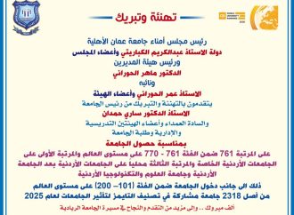 مجلس الأمناء وهيئة المديرين لجامعة عمان الاهلية يهنئون رئيس وأسرة الجامعة على الإنجازات الريادية بالتصنيفات العالمية