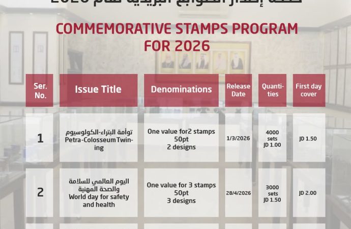 البريد الأردني يعلن عن خطة إصدارات الطوابع التذكارية لعام 2026 .