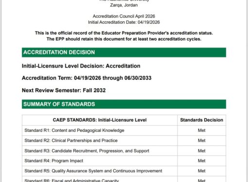 الجامعة الهاشمية تحصل على الاعتماد الدولي لبرنامج إعداد المعلمين CAEP وتُعزز ريادتها الأكاديمية