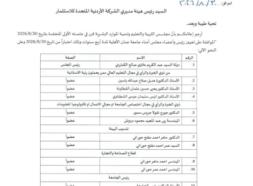مجلس التربية والتعليم وتنمية الموارد البشرية يوافق على تعيين رئيس وأعضاء مجلس أمناء جامعة عمان الأهلية