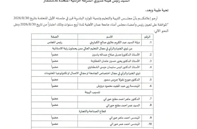 مجلس التربية والتعليم وتنمية الموارد البشرية يوافق على تعيين رئيس وأعضاء مجلس أمناء جامعة عمان الأهلية