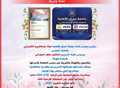 مجلس أمناء عمان الأهلية وهيئة المديرين يهنؤون بتصدّر الجامعة محلياً